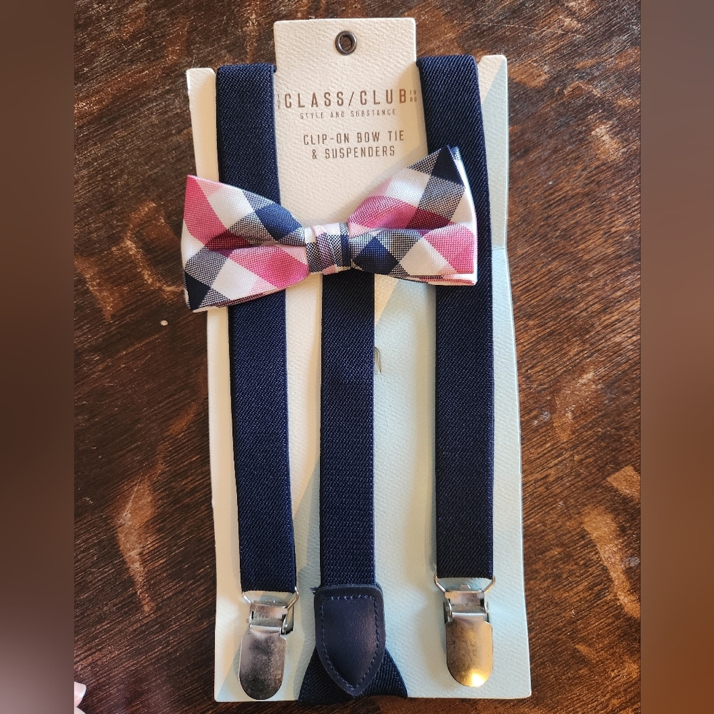 The Class Club - Navy Suspenders with Pink & Navy Plaid Bow Tie